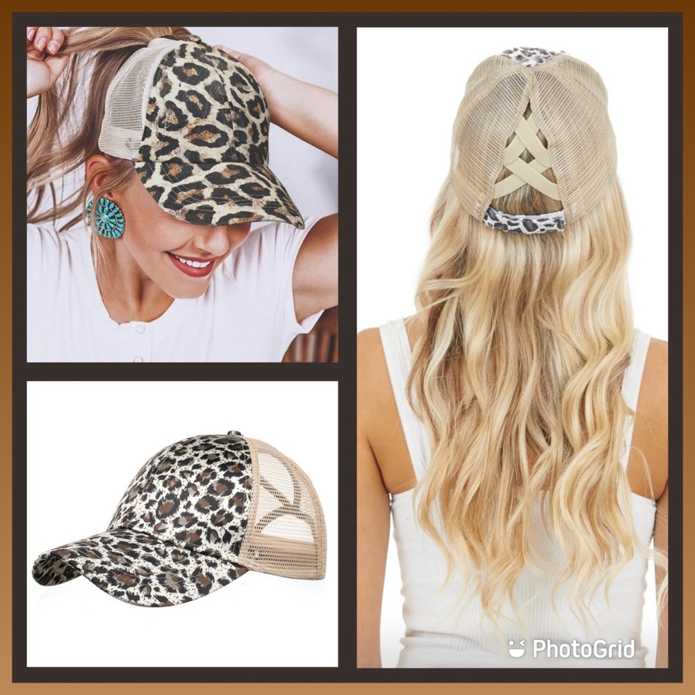 NWOT Criss Cross Distressed Leopard Hat High Pony